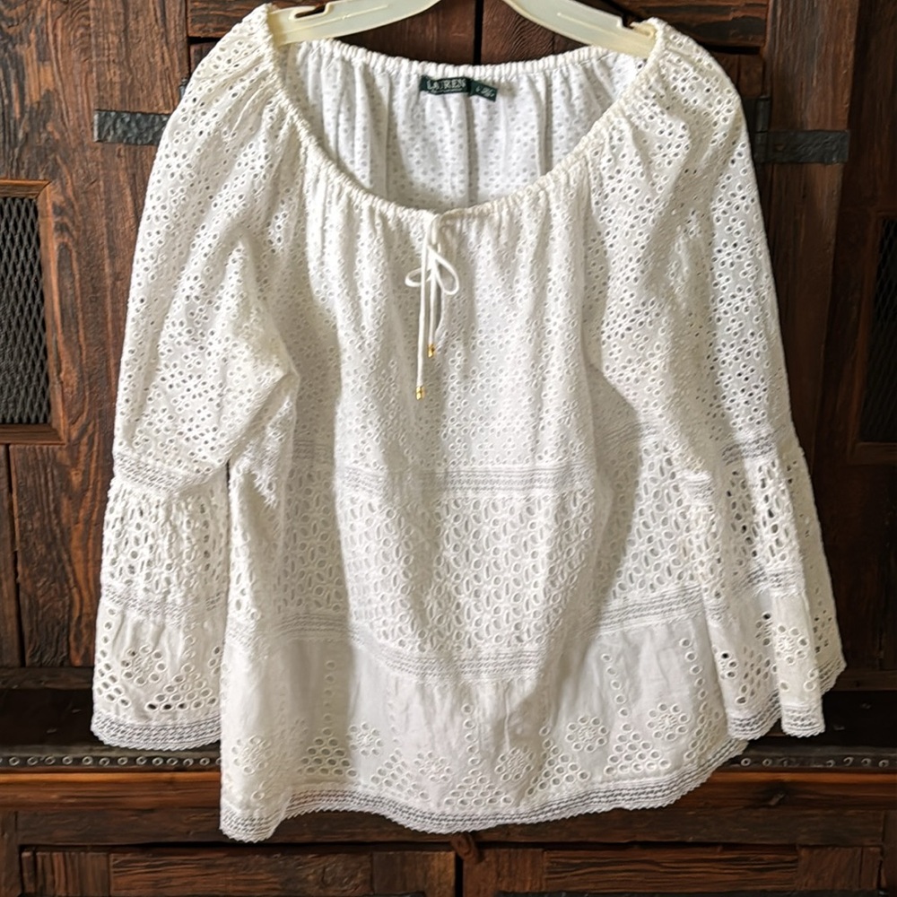 Lauren Ralph Lauren White Cotton Sleeve Peasant Blouse Size Large EUC like new - Picture 10 of 12